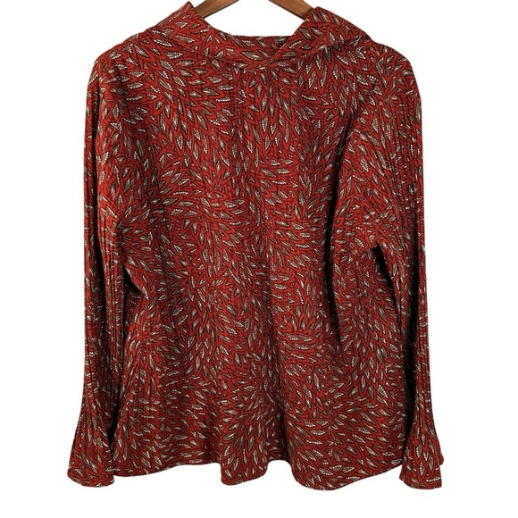 EAST 5TH PETITE Orange Leaf Print Button Front Pleated Long Flare Sleeve Top 1X - Picture 2 of 7